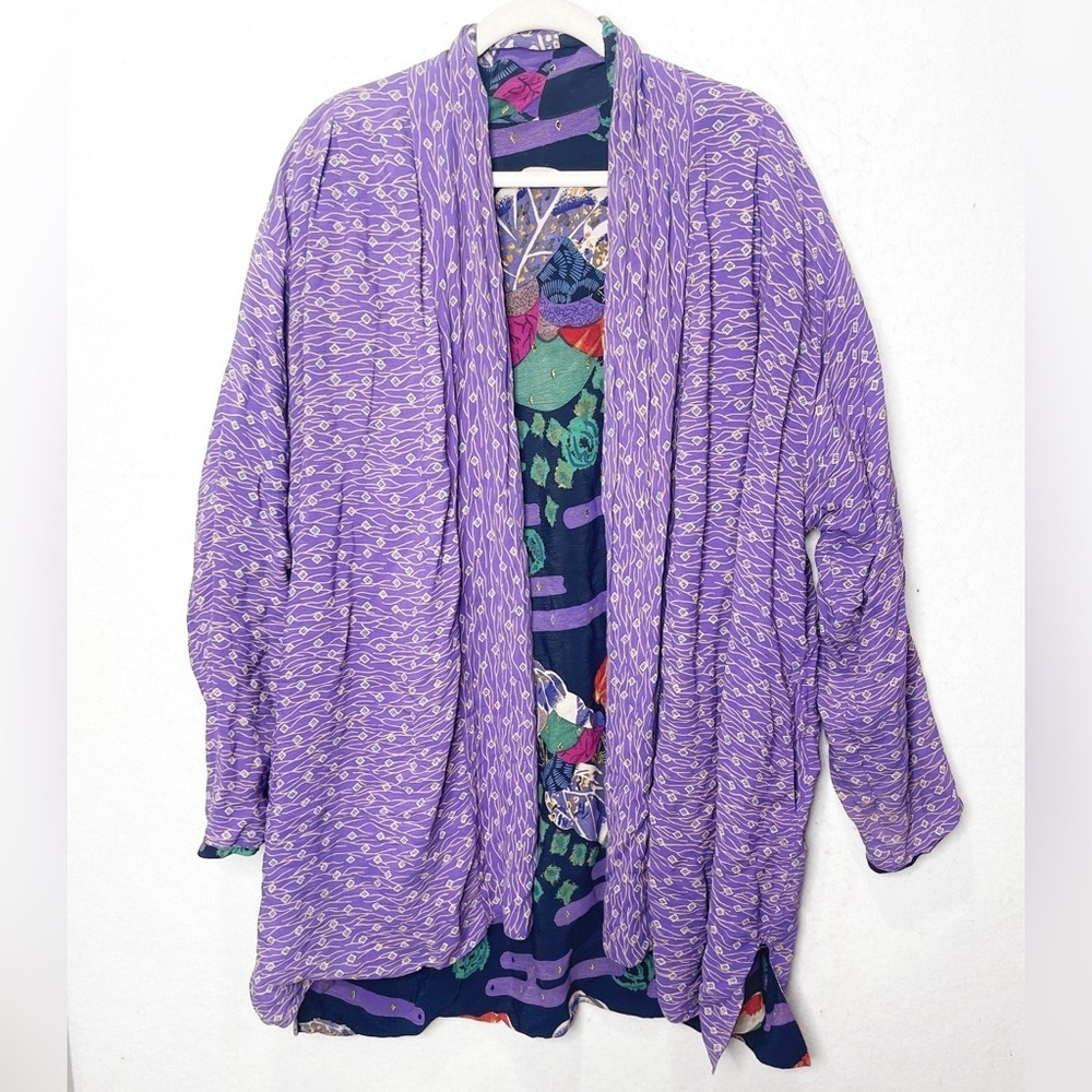 VTG M Polo Tsuru Rayon Kimono Women’s One Size Purple Black Floral Reversible - Picture 2 of 7